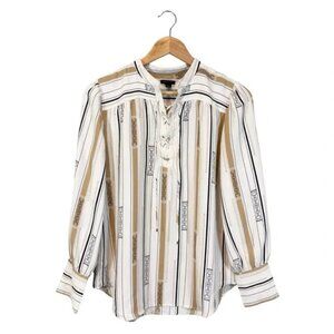 Ann Taylor Blouse Balloon Sleeve White Tan Stripe Lace Up Neckline, Size S